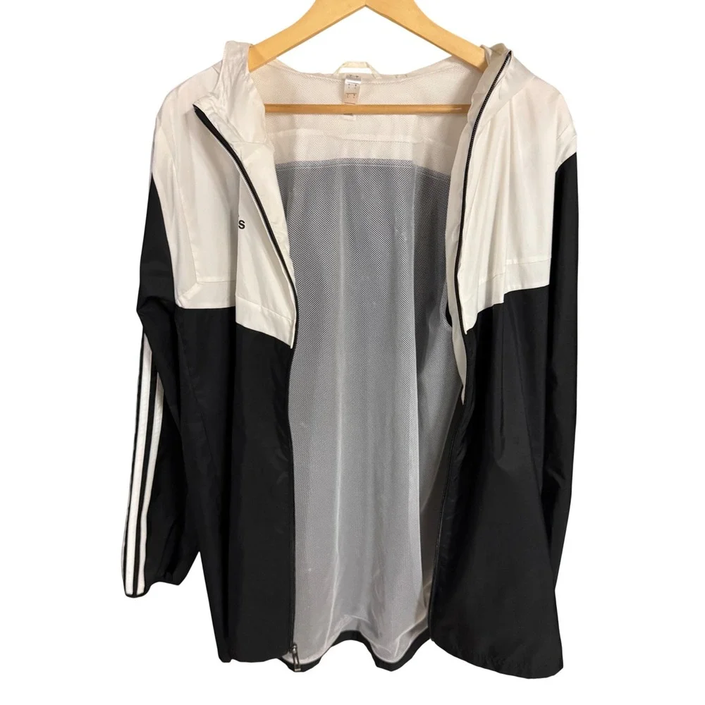 Adidas Mens Windbreaker Jacket Black White Colorblock Hooded Mesh Lined Large
